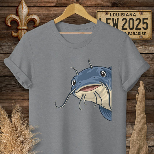 S / Graphite Heather Louisiana Peeking Catfish T-Shirt by Laissez Faire Wear
