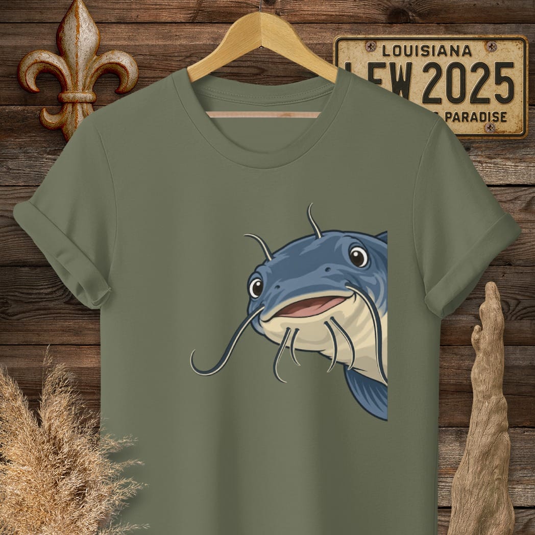 S / Military Green Louisiana Peeking Catfish T-Shirt by Laissez Faire Wear