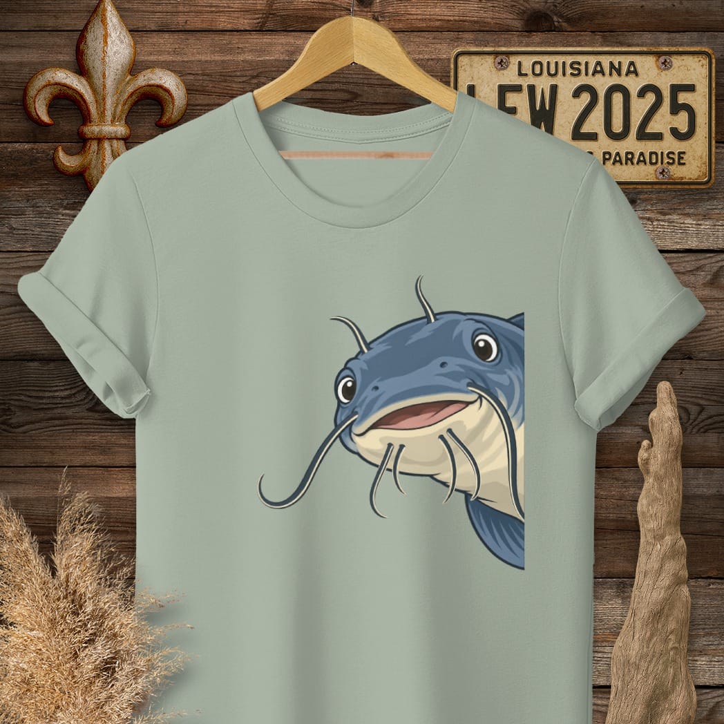 S / Sage Louisiana Peeking Catfish T-Shirt by Laissez Faire Wear