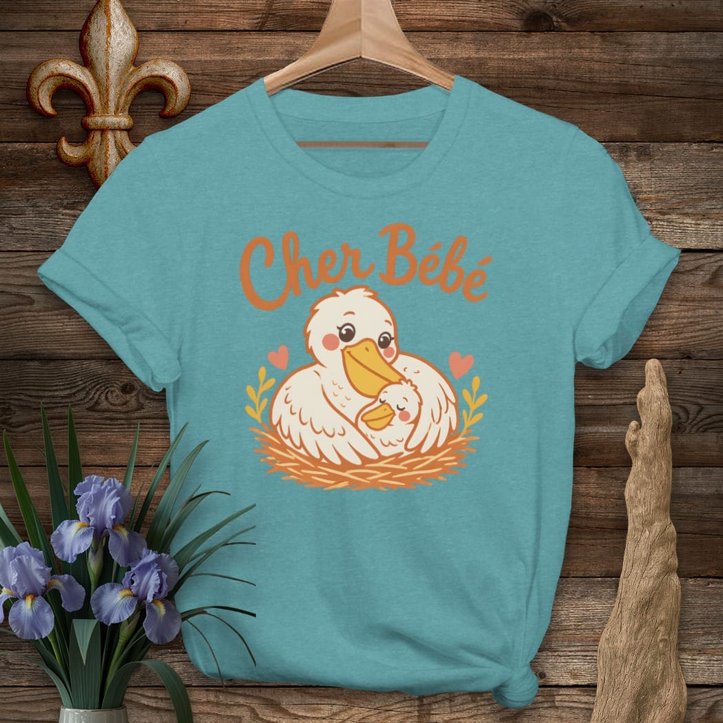 S / Heather Galapagos Blue Louisiana Pelican Cher Bebe T-Shirt by Laissez Faire Wear