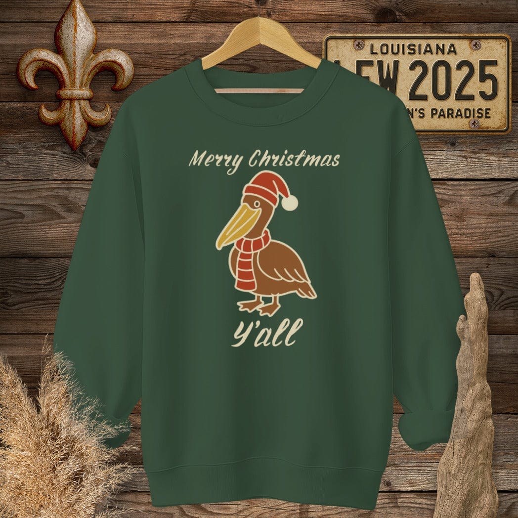 S / Forest Green Louisiana Pelican Christmas Sweatshirt by Laissez Faire Wear