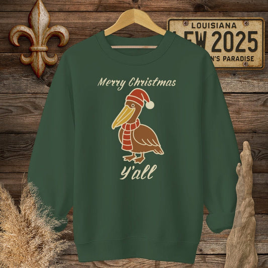 S / Forest Green Louisiana Pelican Christmas Sweatshirt by Laissez Faire Wear
