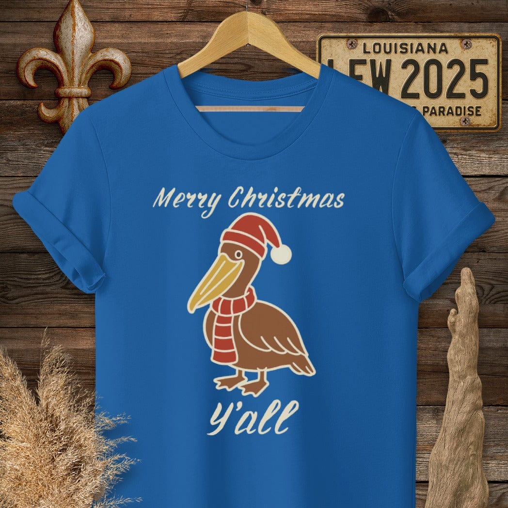 S / Royal Louisiana Pelican Christmas T-Shirt by Laissez Faire Wear