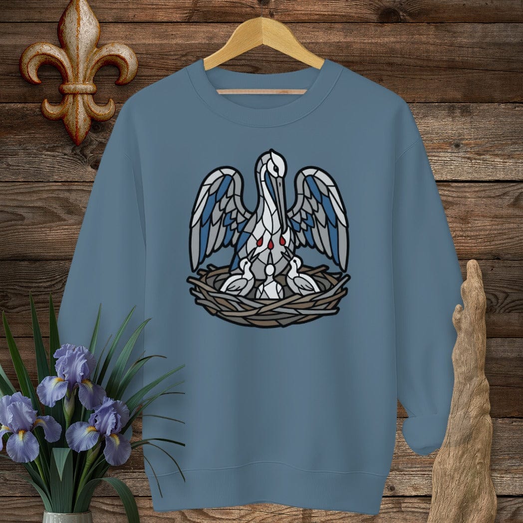 S / Indigo Blue Louisiana Pelican in Her Piety Sweatshirt by Laissez Faire Wear