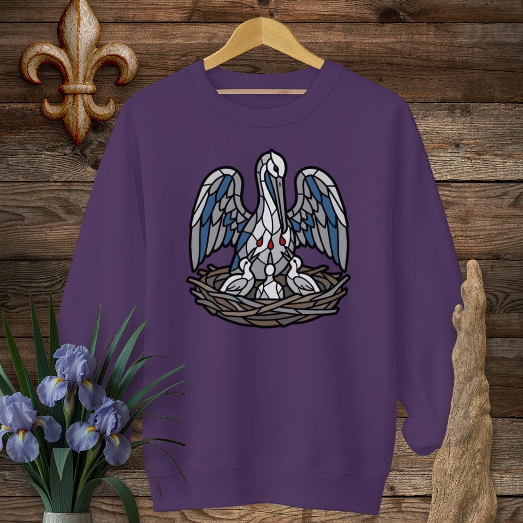 S / Purple Louisiana Pelican in Her Piety Sweatshirt by Laissez Faire Wear