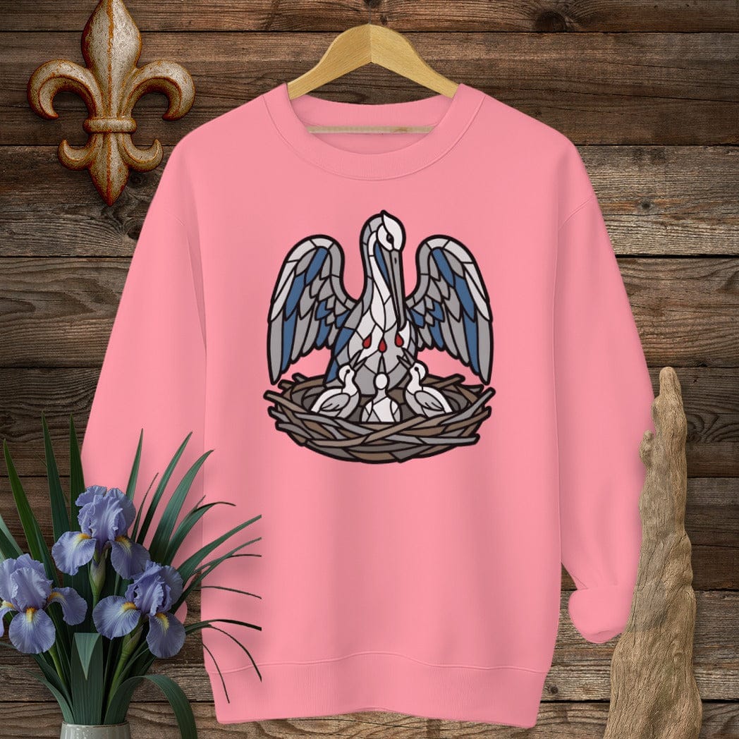 S / Safety Pink Louisiana Pelican in Her Piety Sweatshirt by Laissez Faire Wear