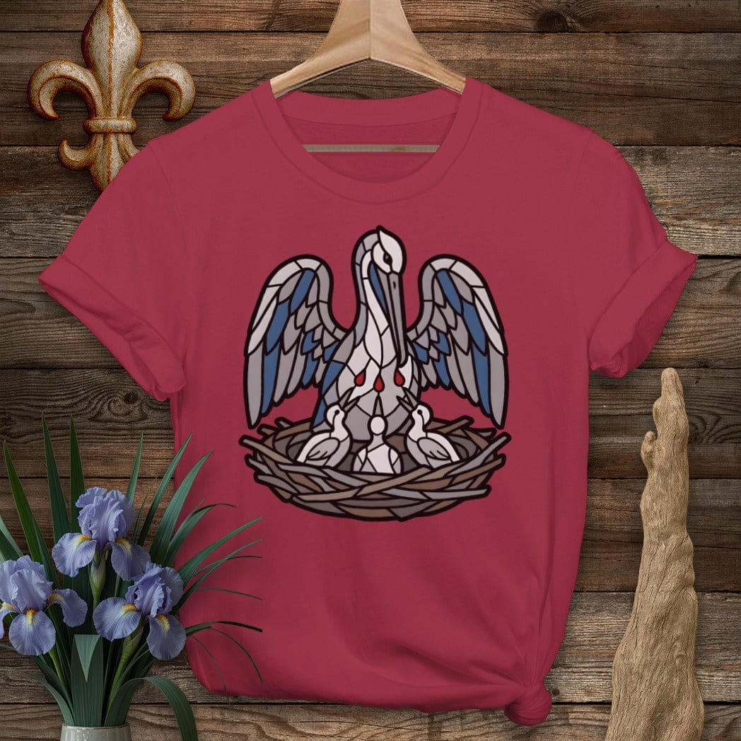 S / Cardinal Red Louisiana Pelican in Her Piety T-Shirt by Laissez Faire Wear