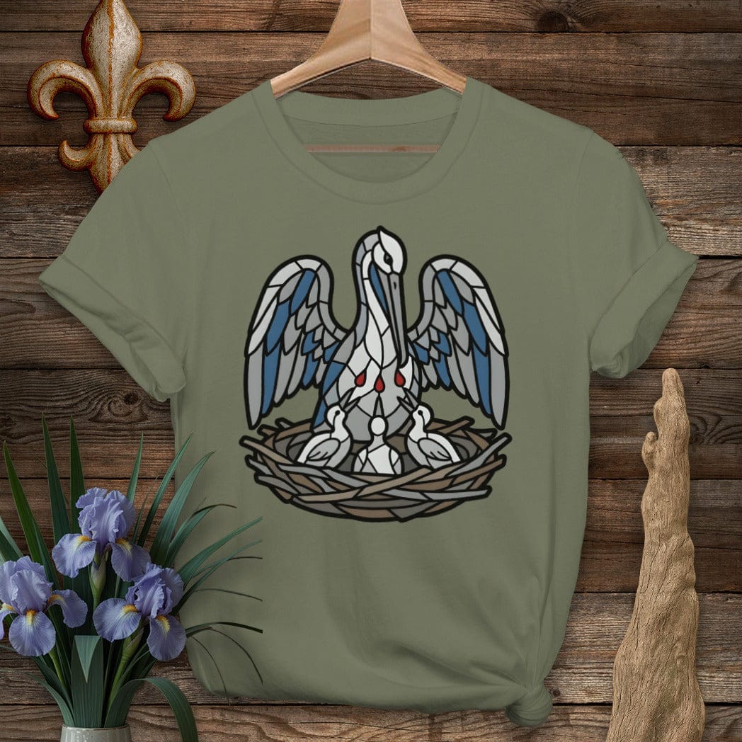 S / Military Green Louisiana Pelican in Her Piety T-Shirt by Laissez Faire Wear