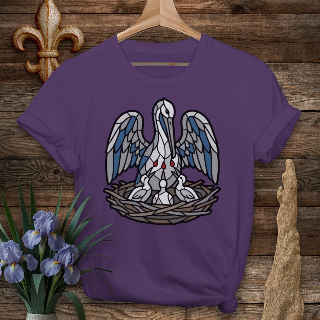 S / Purple Louisiana Pelican in Her Piety T-Shirt by Laissez Faire Wear