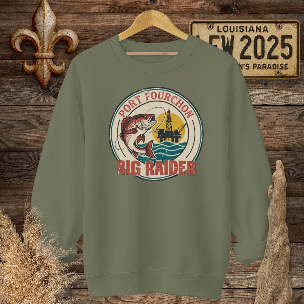 S / Military Green Louisiana Port Fourchon Sweatshirt by Laissez Faire Wear