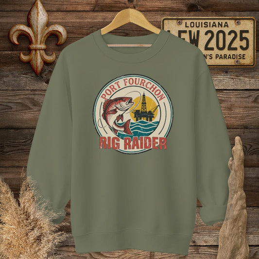 S / Military Green Louisiana Port Fourchon Sweatshirt by Laissez Faire Wear