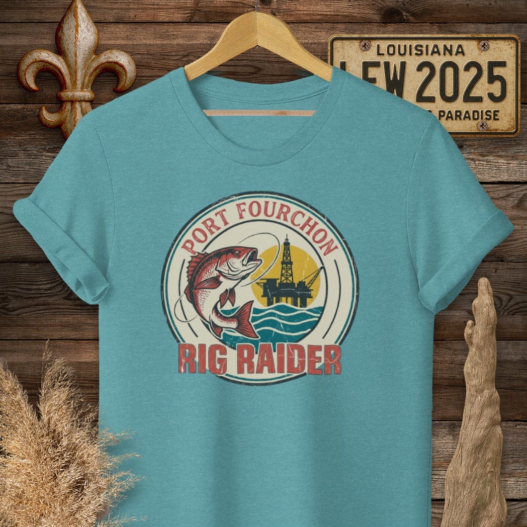 S / Heather Galapagos Blue Louisiana Port Fourchon T-Shirt by Laissez Faire Wear