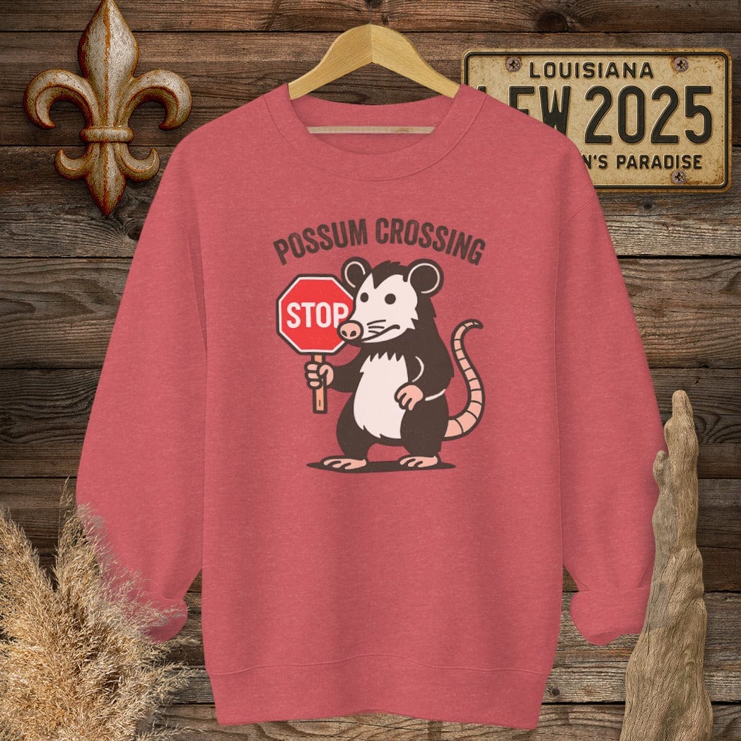 S / Heather Scarlet Red Louisiana Possum Crossing Sweatshirt by Laissez Faire Wear