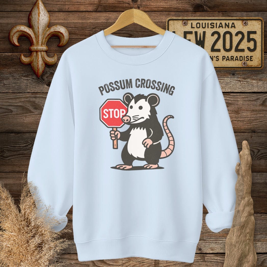S / Light Blue Louisiana Possum Crossing Sweatshirt by Laissez Faire Wear
