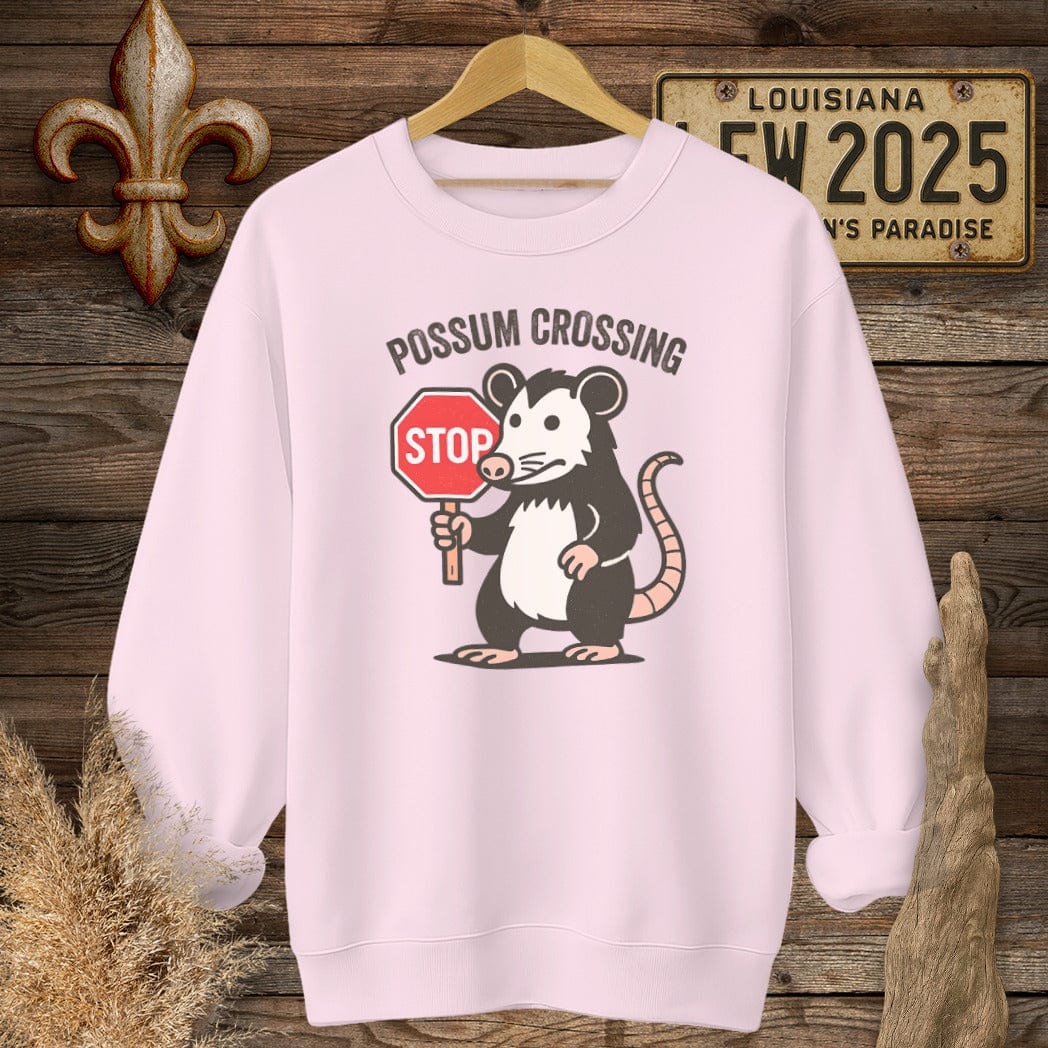 S / Light Pink Louisiana Possum Crossing Sweatshirt by Laissez Faire Wear