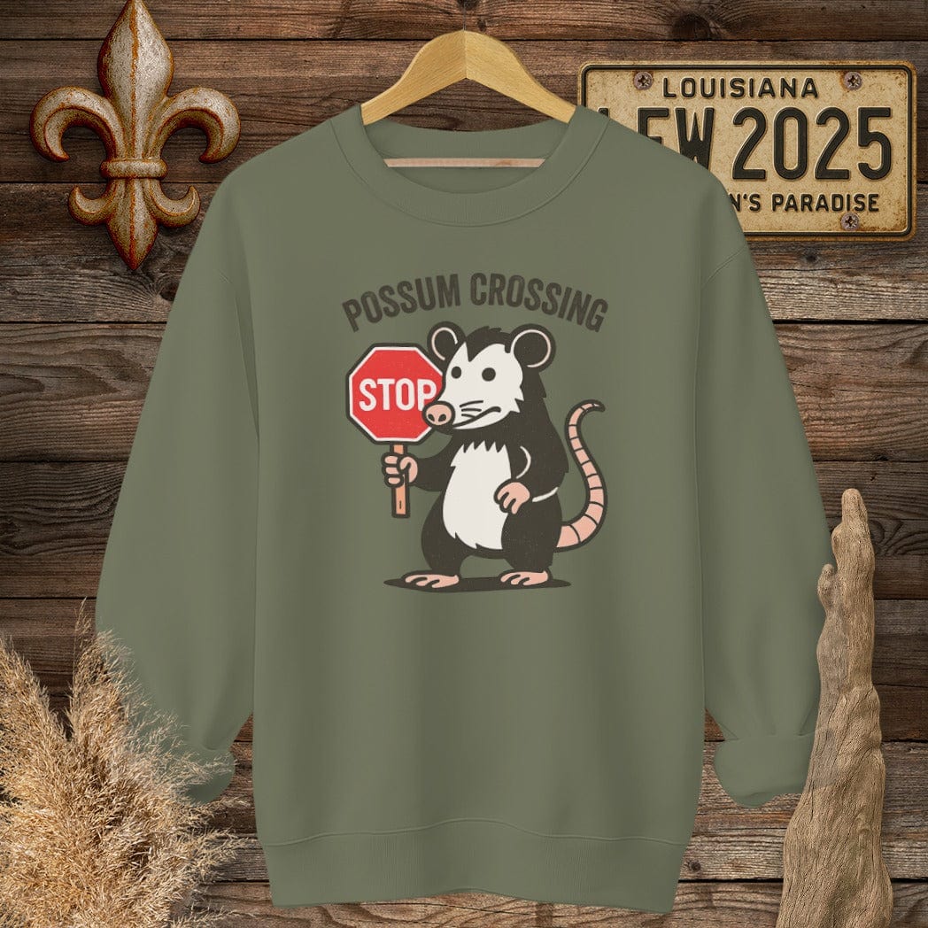 S / Military Green Louisiana Possum Crossing Sweatshirt by Laissez Faire Wear