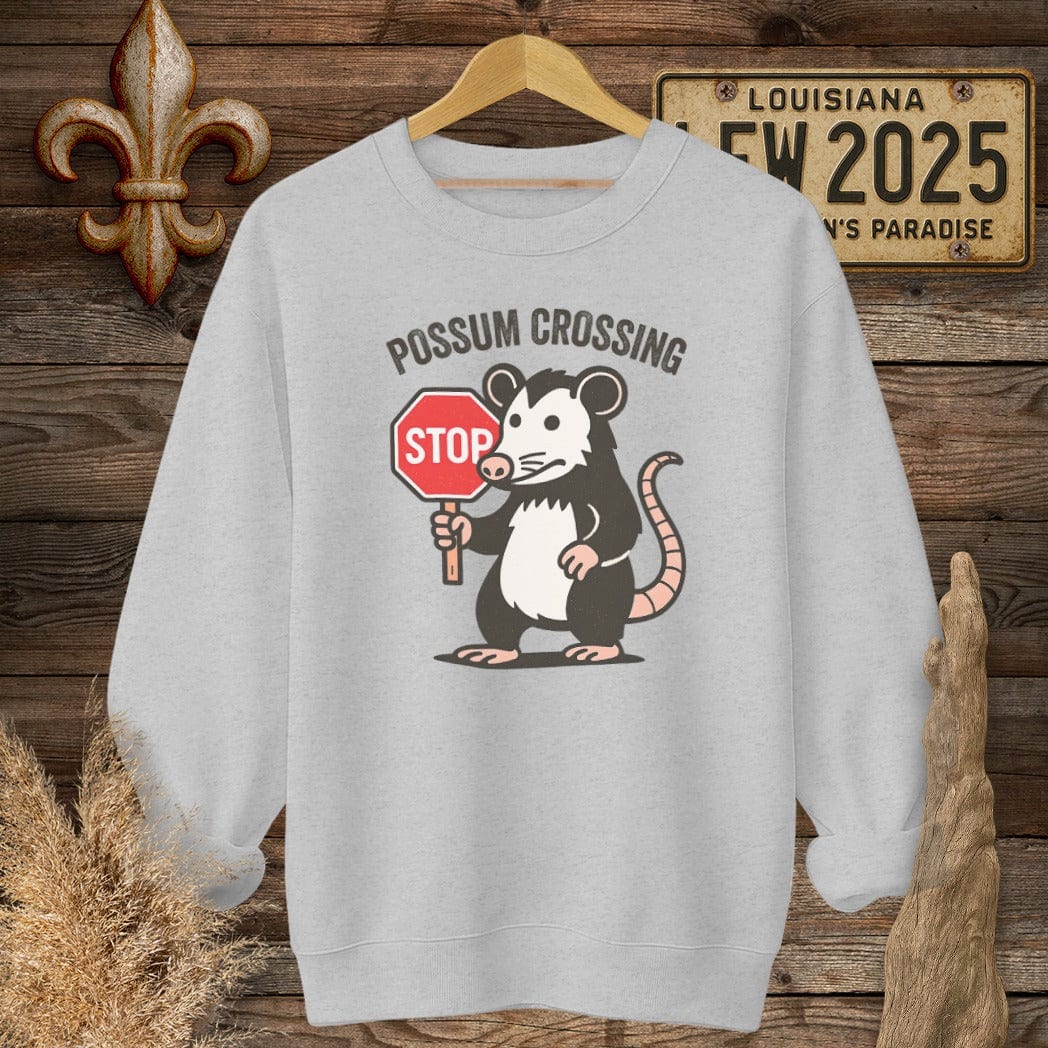 S / Sport Grey Louisiana Possum Crossing Sweatshirt by Laissez Faire Wear