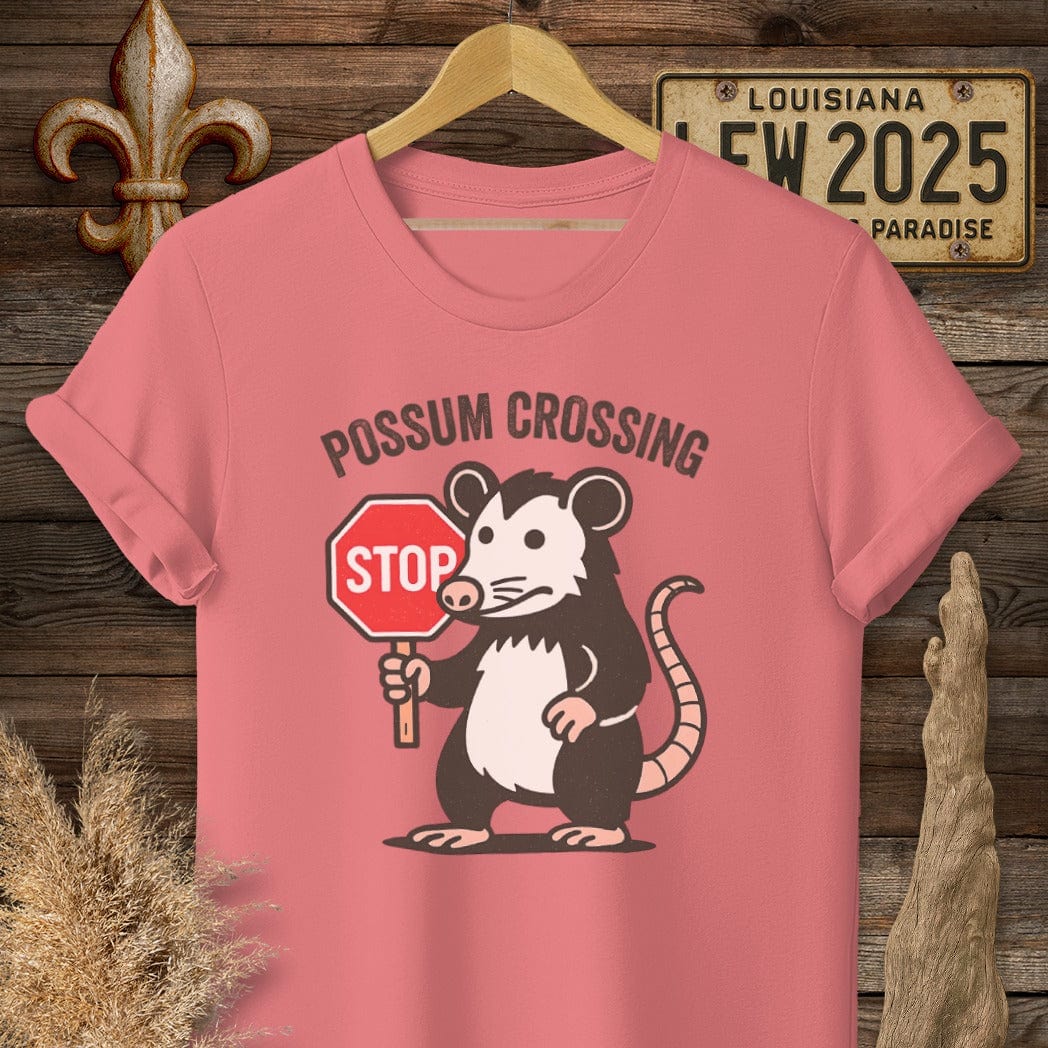 S / Coral Silk Louisiana Possum Crossing T-Shirt by Laissez Faire Wear