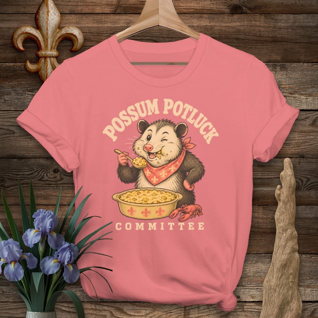 S / Coral Silk Louisiana Possum Potluck T-Shirt by Laissez Faire Wear