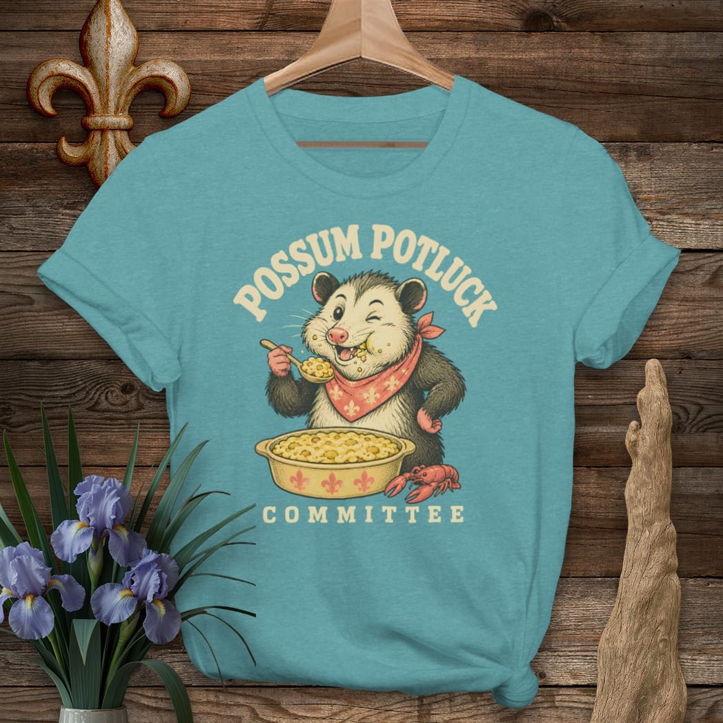 S / Heather Galapagos Blue Louisiana Possum Potluck T-Shirt by Laissez Faire Wear