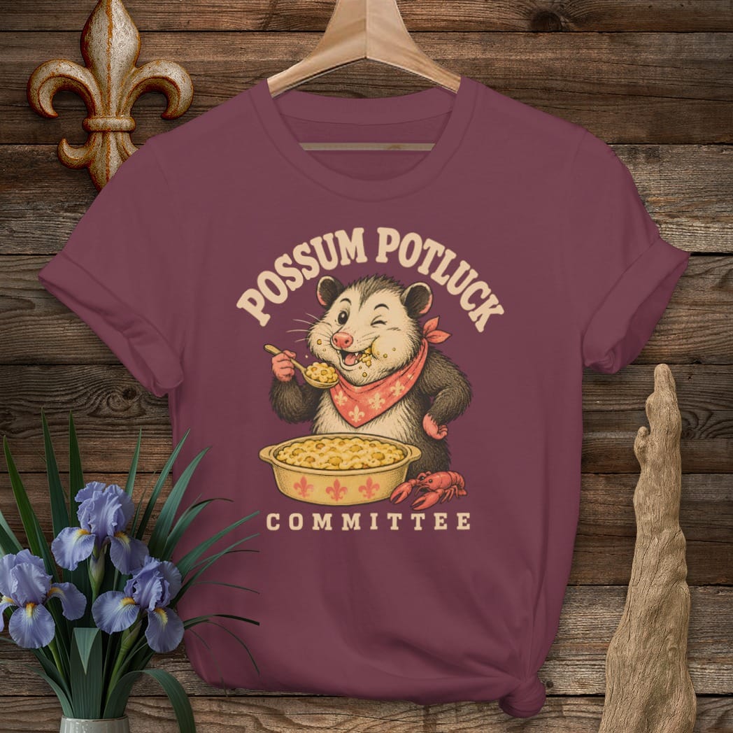 S / Maroon Louisiana Possum Potluck T-Shirt by Laissez Faire Wear