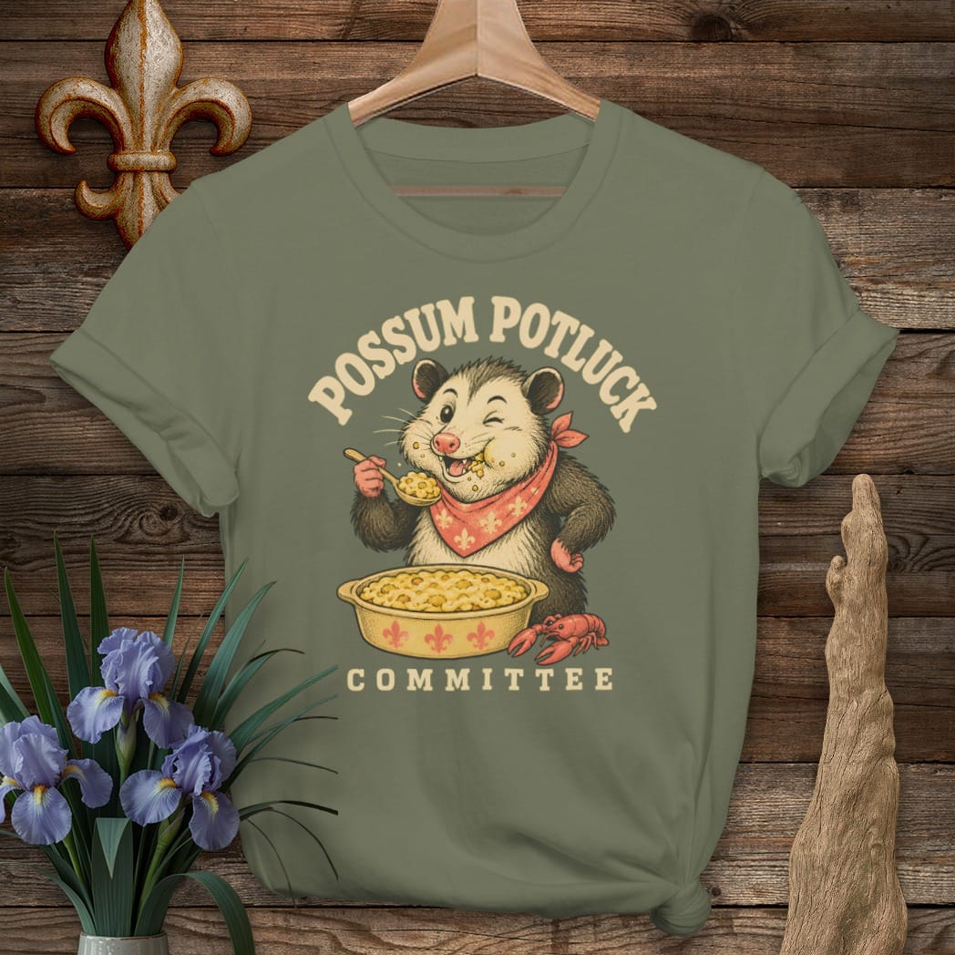 S / Military Green Louisiana Possum Potluck T-Shirt by Laissez Faire Wear