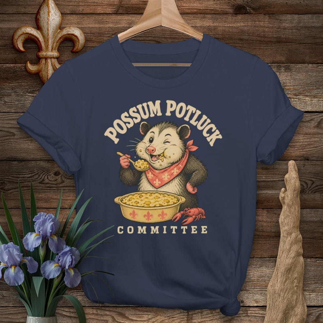 S / Navy Louisiana Possum Potluck T-Shirt by Laissez Faire Wear