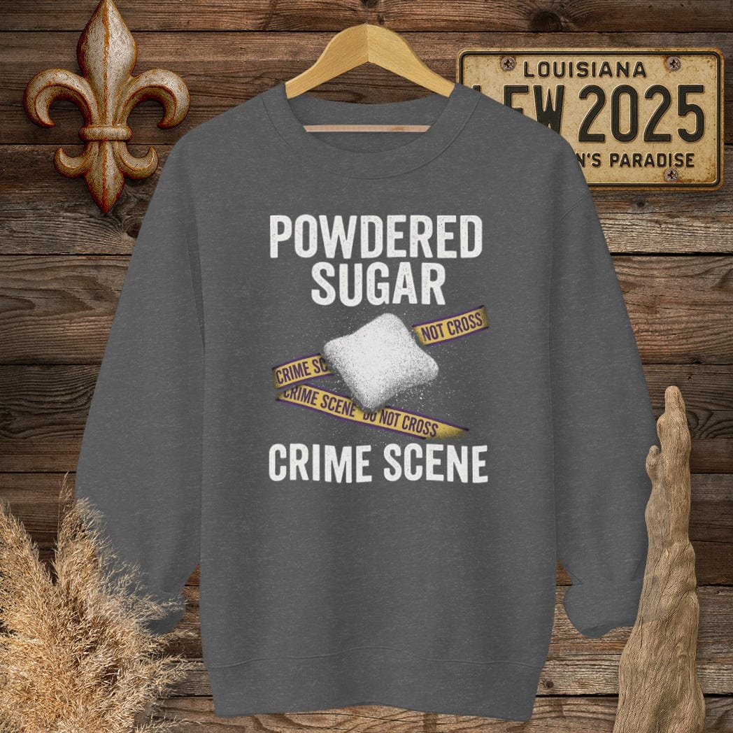 S / Dark Heather Louisiana Powered Sugar Crime Scene Sweatshirt by Laissez Faire Wear