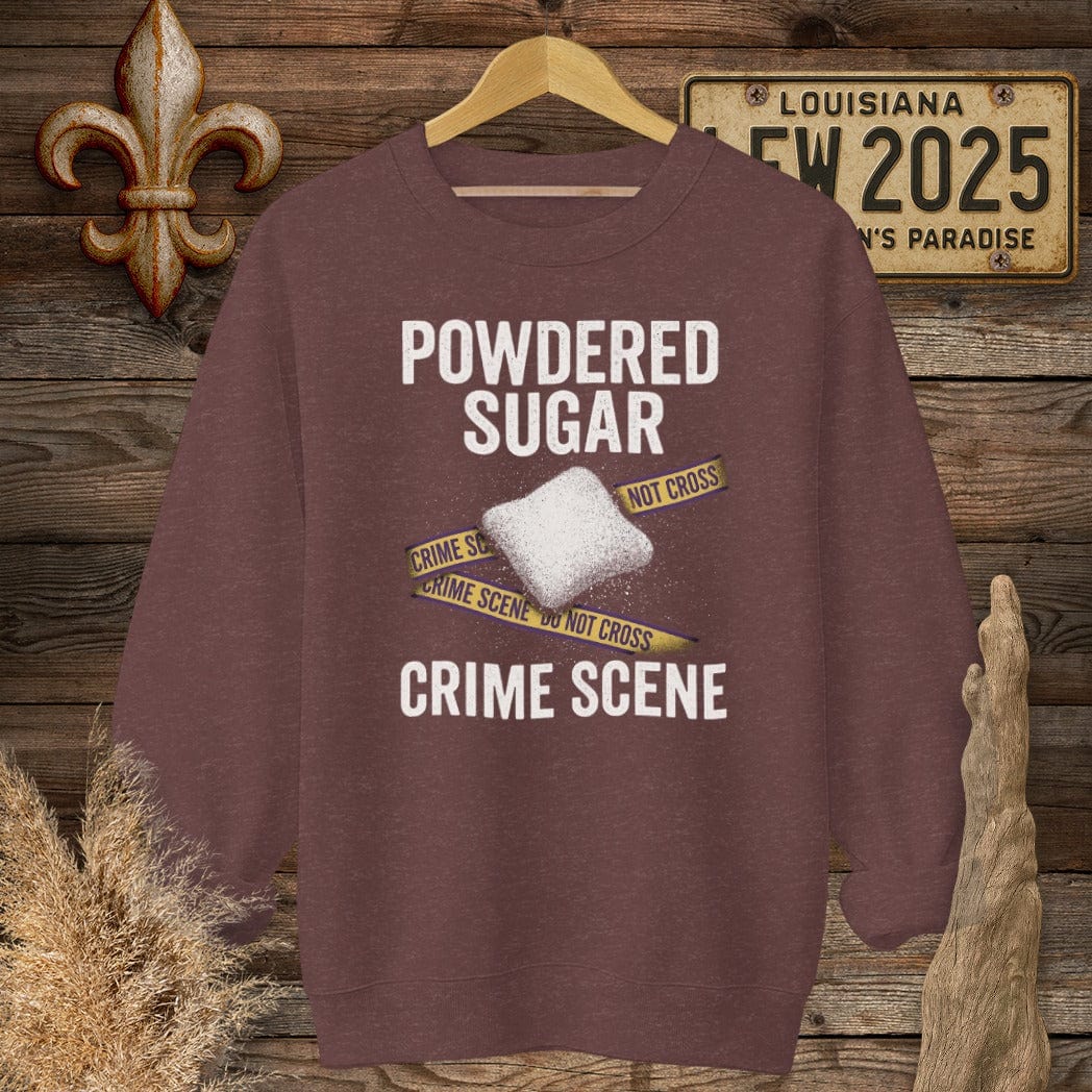 S / Heather Sport Dark Maroon Louisiana Powered Sugar Crime Scene Sweatshirt by Laissez Faire Wear
