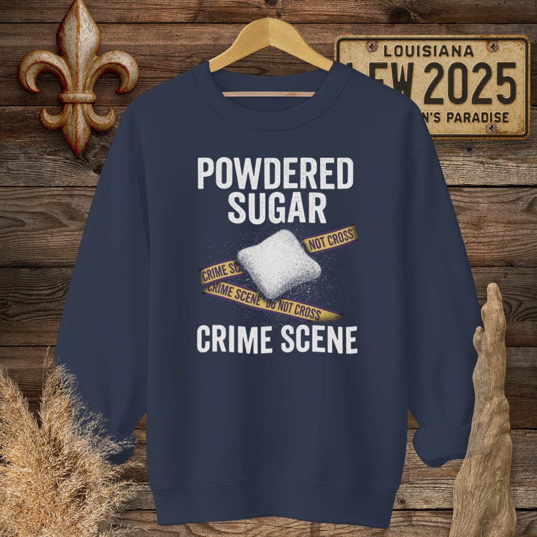 S / Navy Louisiana Powered Sugar Crime Scene Sweatshirt by Laissez Faire Wear