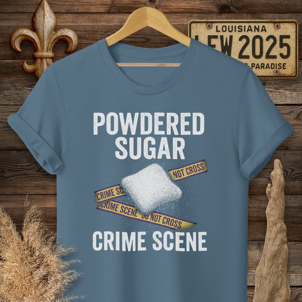 S / Indigo Blue Louisiana Powered Sugar Crime Scene T-Shirt by Laissez Faire Wear