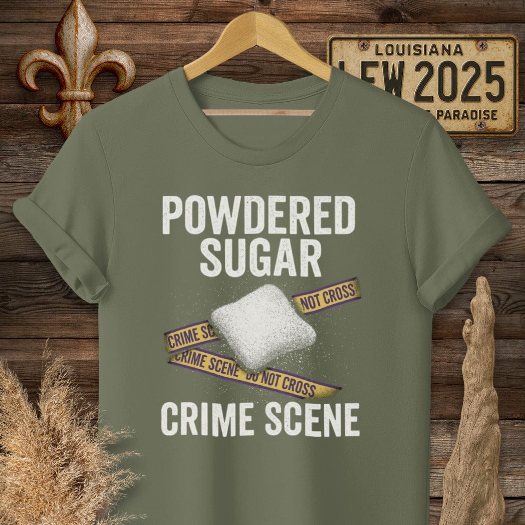 S / Military Green Louisiana Powered Sugar Crime Scene T-Shirt by Laissez Faire Wear