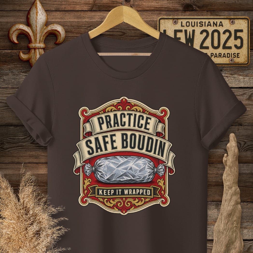 S / Dark Chocolate Louisiana Practice Safe Boudin T-Shirt by Laissez Faire Wear