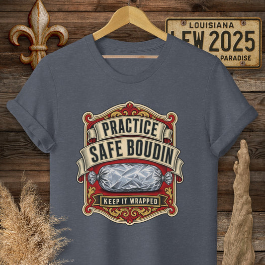 S / Heather Navy Louisiana Practice Safe Boudin T-Shirt by Laissez Faire Wear