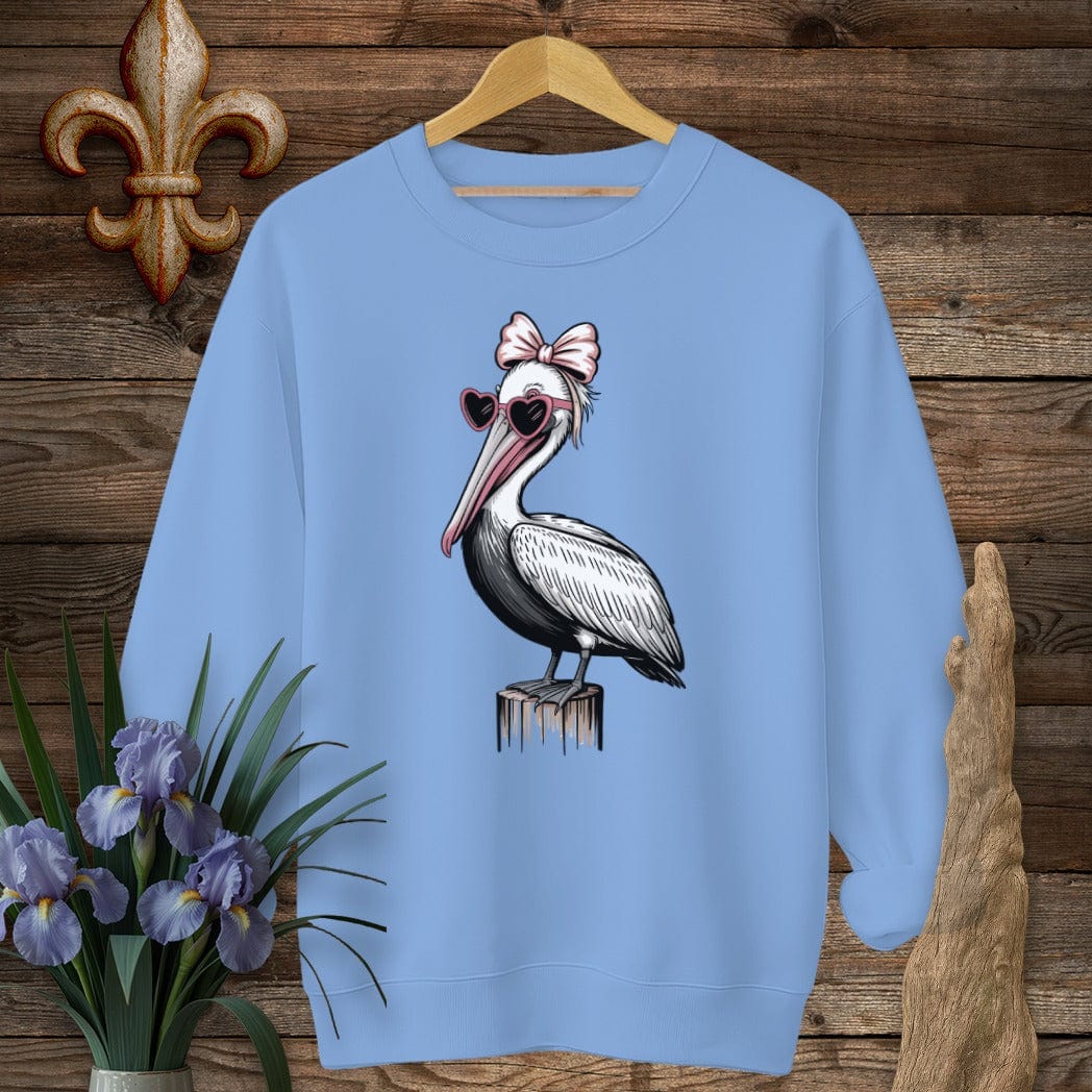S / Carolina Blue Louisiana Pretty Pelican in Pink Sweatshirt by Laissez Faire Wear