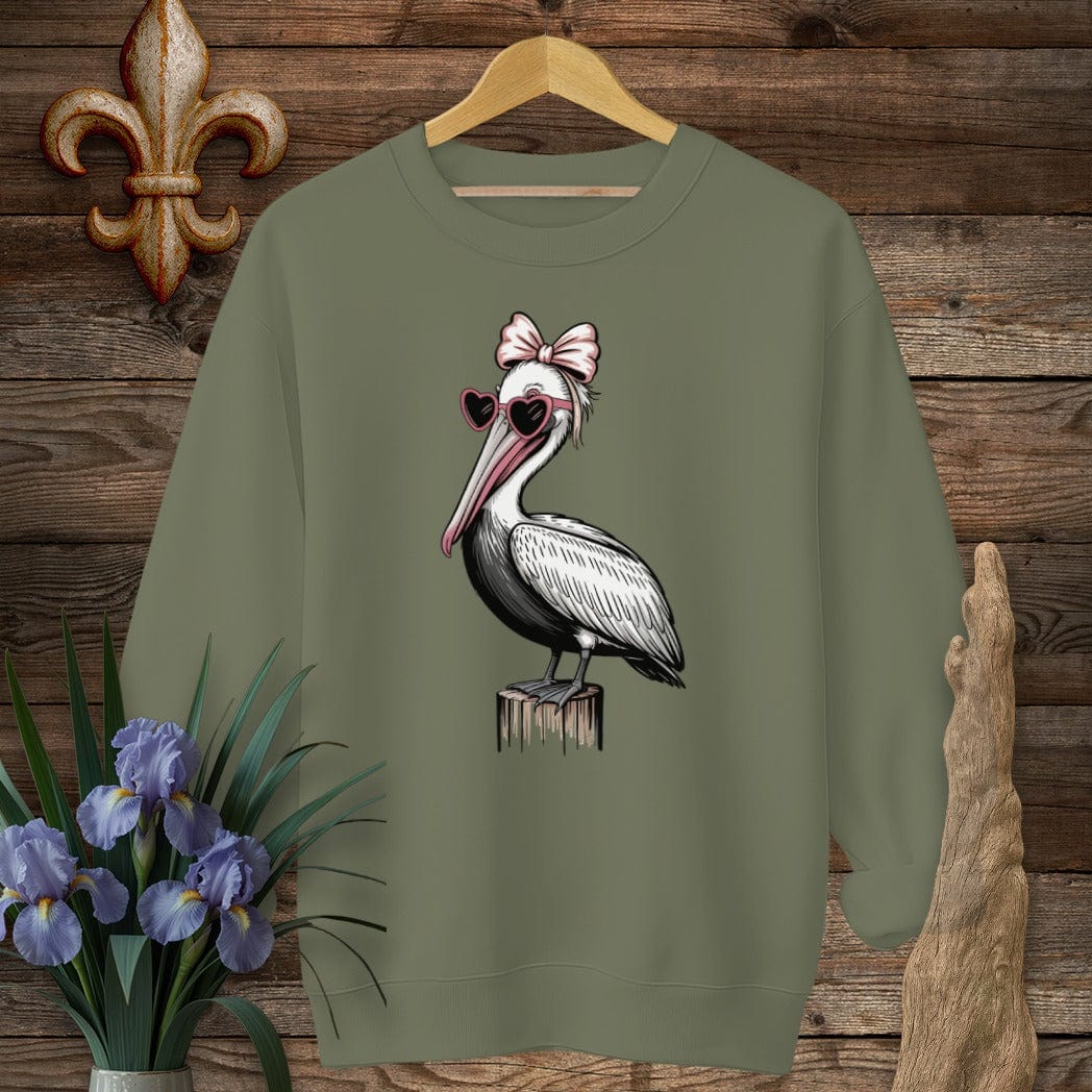 S / Military Green Louisiana Pretty Pelican in Pink Sweatshirt by Laissez Faire Wear