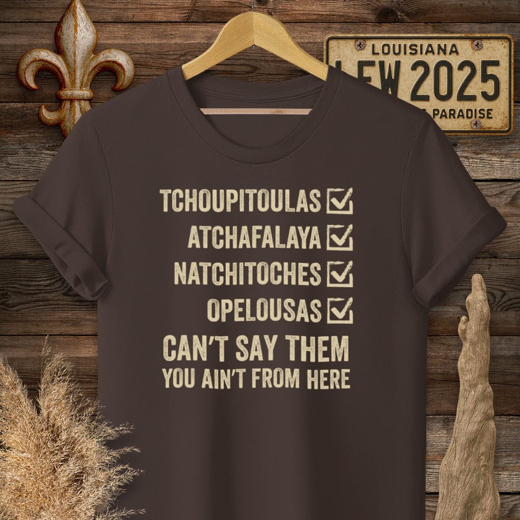 S / Dark Chocolate Louisiana Pronunciation Test T-Shirt by Laissez Faire Wear