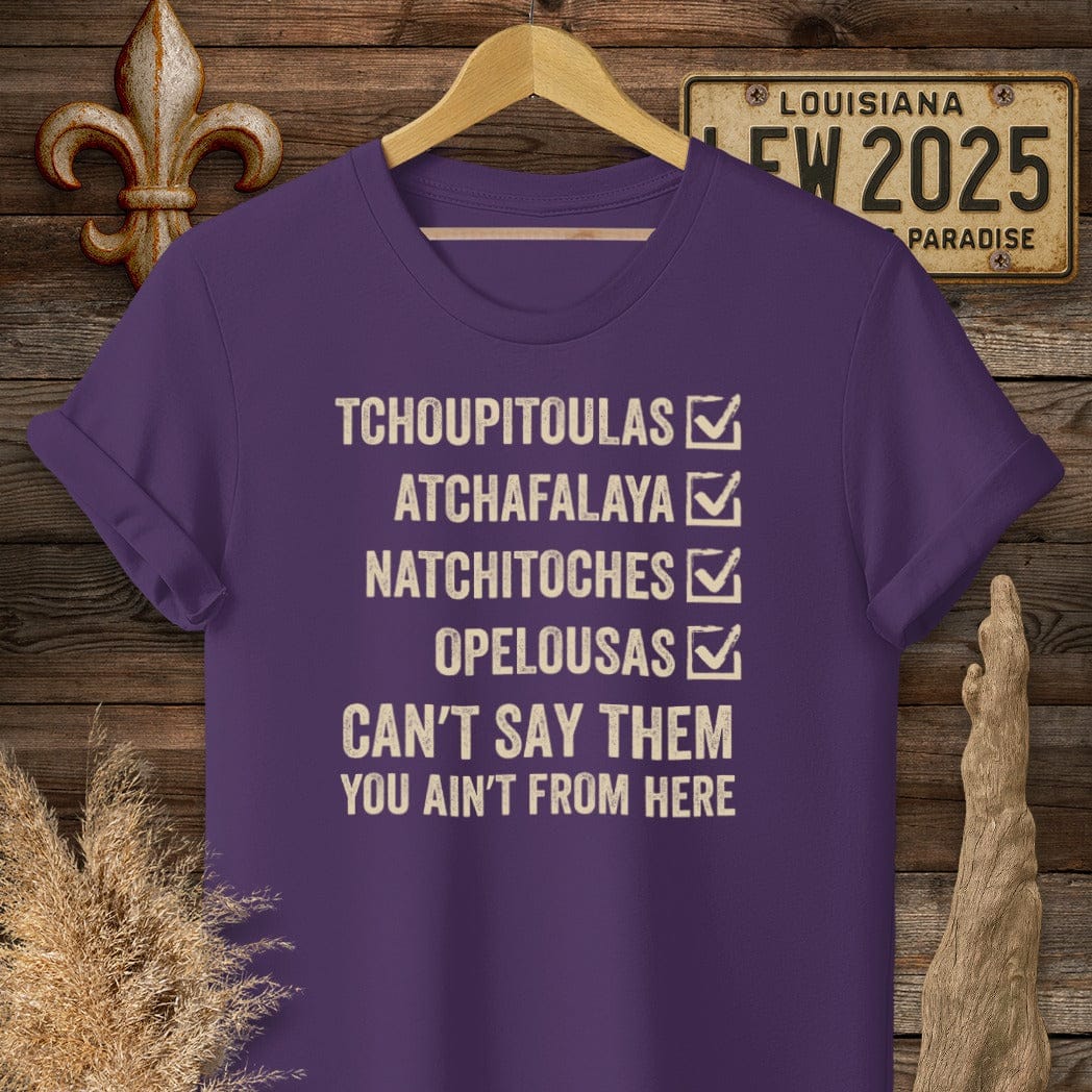 S / Purple Louisiana Pronunciation Test T-Shirt by Laissez Faire Wear