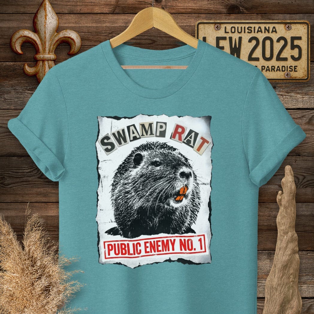 S / Heather Galapagos Blue Louisiana Public Enemy No. 1 T-Shirt by Laissez Faire Wear