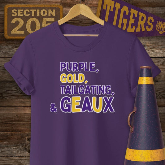 S / Purple Louisiana Purple Gold Tailgating & Geaux Fan Spirit T-Shirt by Laissez Faire Wear