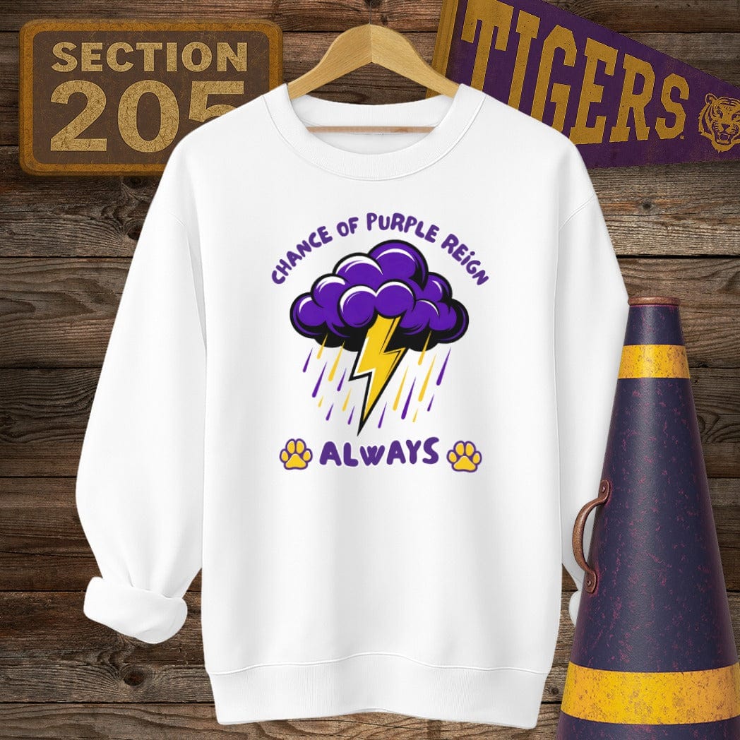 S / White Louisiana Purple Reign Game Day Sweatshirt by Laissez Faire Wear