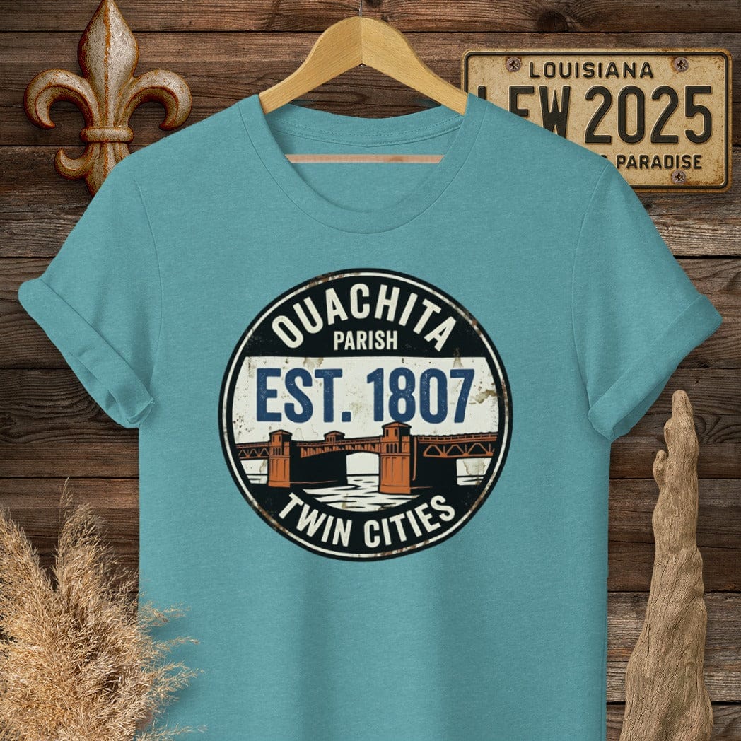 S / Heather Galapagos Blue Louisiana Quachita Parish T-Shirt by Laissez Faire Wear