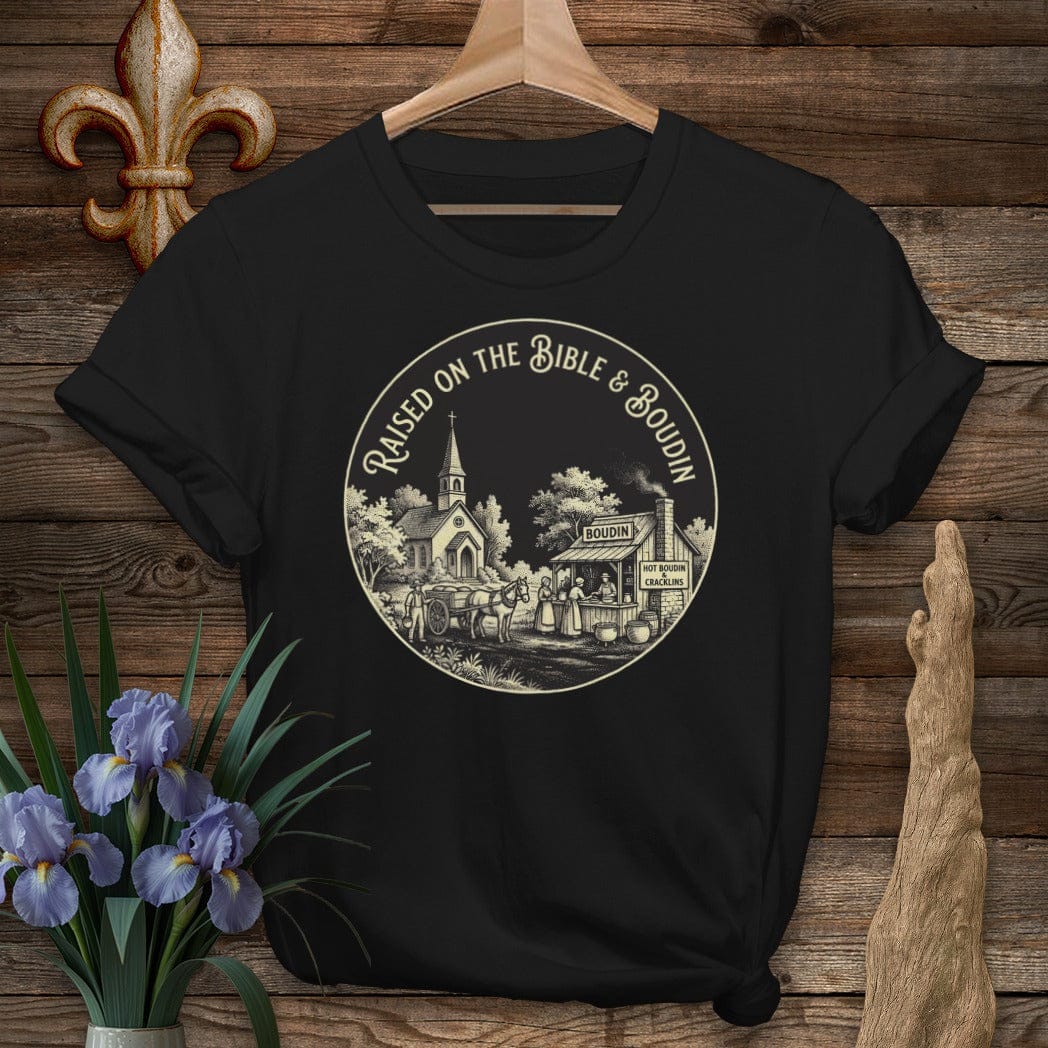S / Black Louisiana Raised on the Bible & Boudin T-Shirt by Laissez Faire Wear