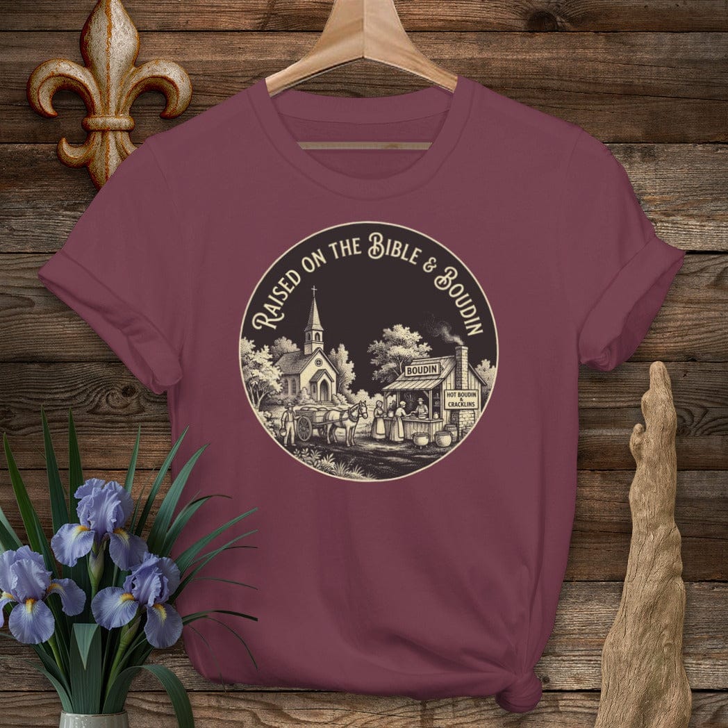 S / Maroon Louisiana Raised on the Bible & Boudin T-Shirt by Laissez Faire Wear