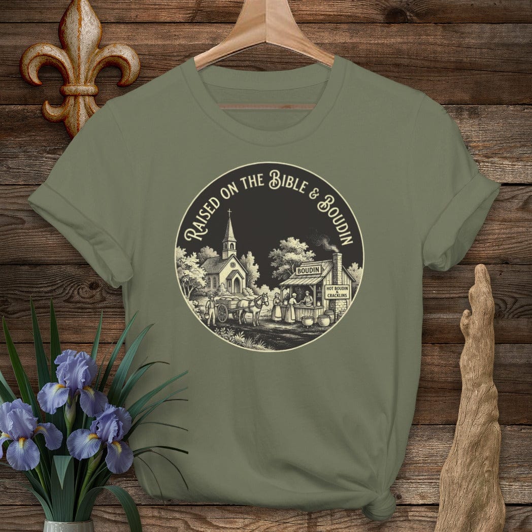 S / Military Green Louisiana Raised on the Bible & Boudin T-Shirt by Laissez Faire Wear