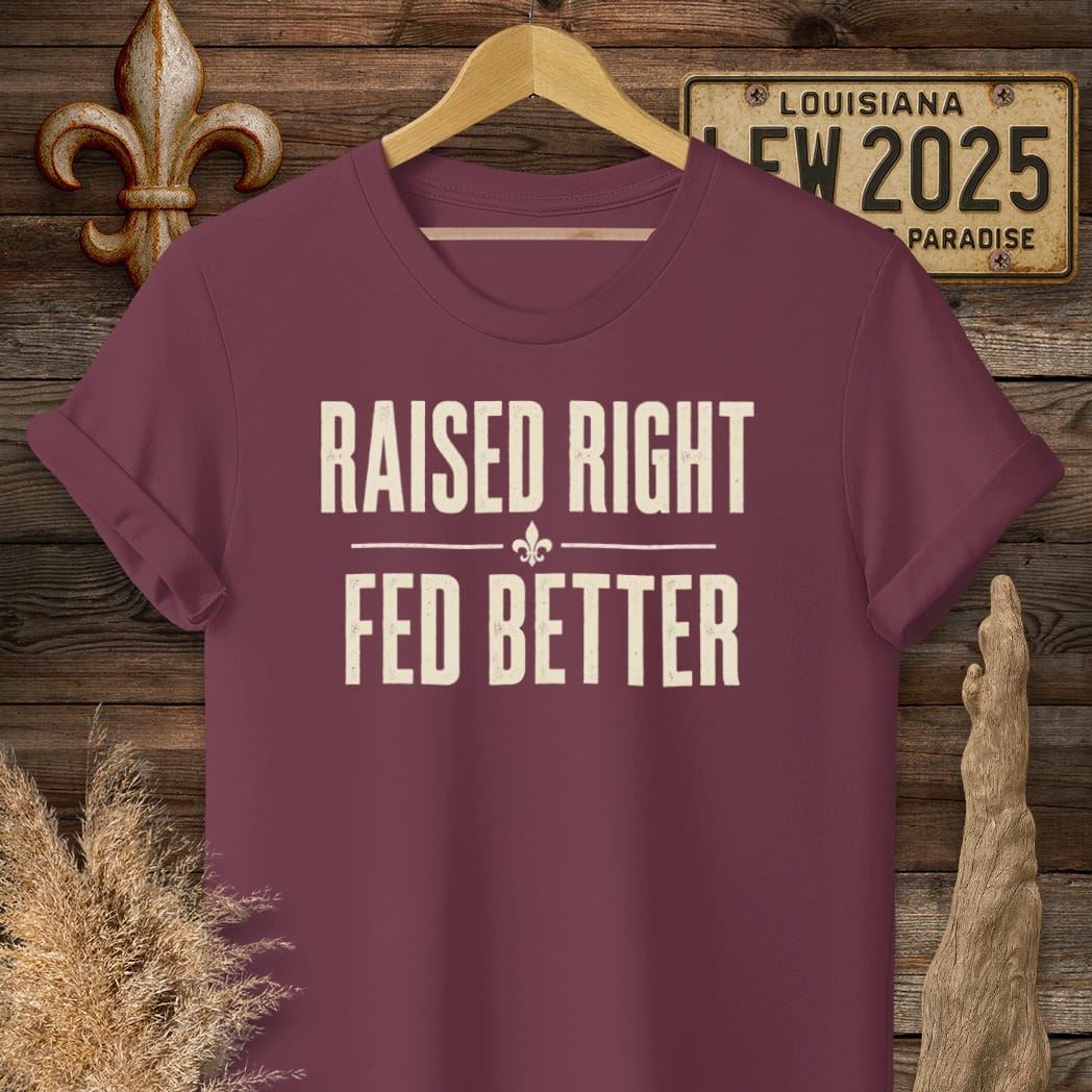 S / Maroon Louisiana Raised Right T-Shirt by Laissez Faire Wear