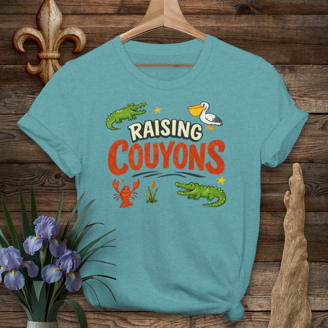 S / Heather Galapagos Blue Louisiana Raising Couyons T-Shirt by Laissez Faire Wear