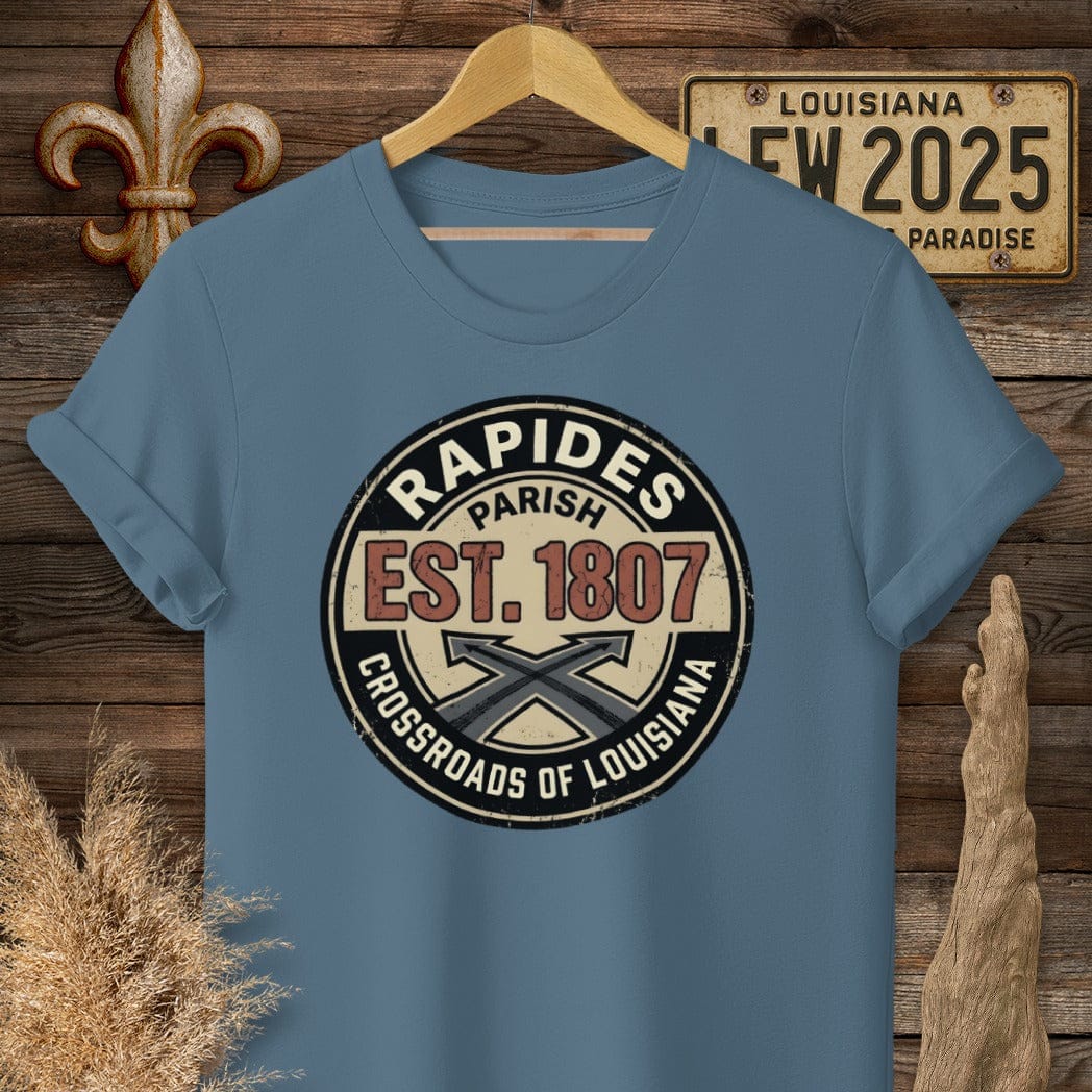 S / Indigo Blue Louisiana Rapides Parish T-Shirt by Laissez Faire Wear