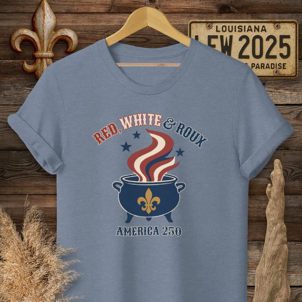 S / Heather Indigo Louisiana Red, White & Roux T-Shirt by Laissez Faire Wear
