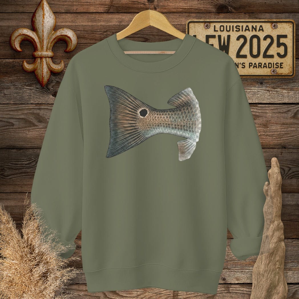 S / Military Green Louisiana Redfish Tail Sweatshirt by Laissez Faire Wear